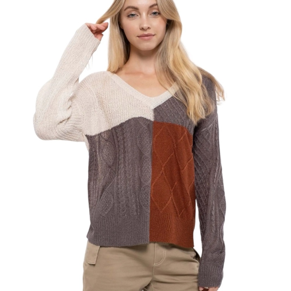 NWOT E & M Color Block Town Square V-Neck Sweater - Cream, Brown, Gray (Medium)